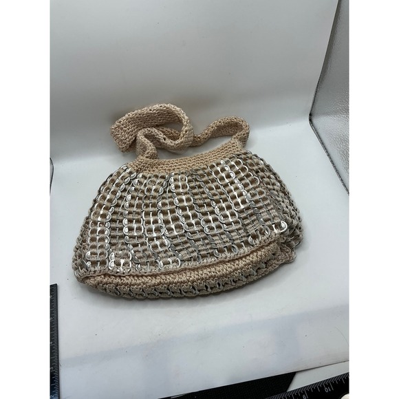 Handmade Handbags - Handmade Soda Pop Tab Crochet Shoulder Bag Beige Metallic Recycled Eco Friendly